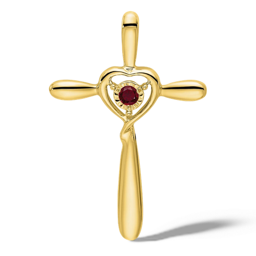 10K Solid Yellow Gold Lab Ruby Cross Heart Floating Chain Slide Necklace - Picture 3 of 12