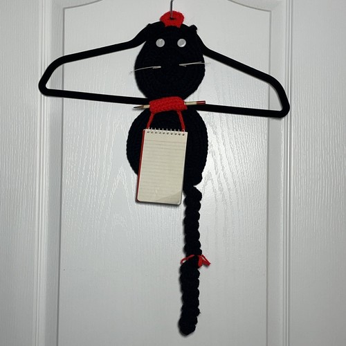 Vintage Kitty Cat Note & Pen Holder Wall Hanging Handmade Crocheted Black 22x6"