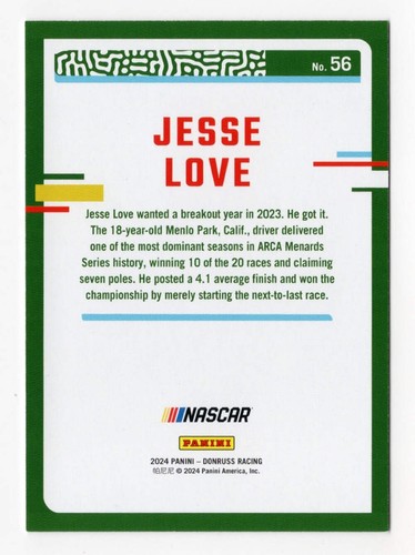 Jesse Love 2024 Donruss Racing PINK INSERT Rare Short Print Insert NASCAR Collec - Picture 2 of 2