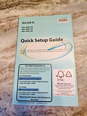 Sony Bravia KDL-40WL140 (46 & 52 also) Quick Setup Guide