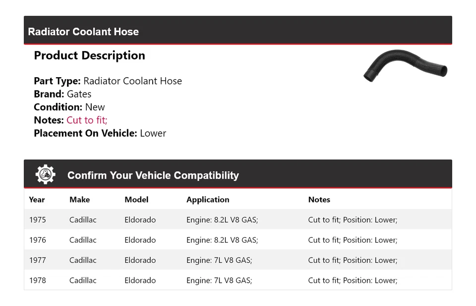 For 1975-1978 Cadillac Eldorado Radiator Coolant Hose Lower Gates 1976 1977 - Image 2 of 4