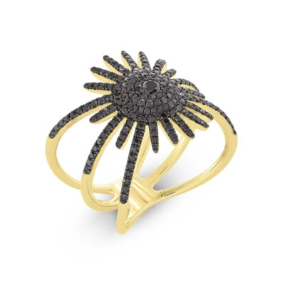 Schwarzer Diamant Starburst Ring Sonnenstrahlen 14K Gelbgold Cocktail Natur Rundschliff