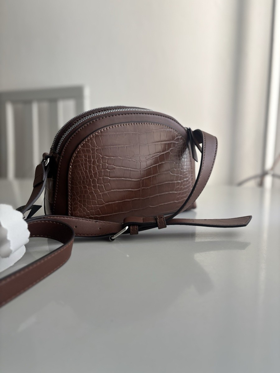 Nine West Brown Crocodile Embossed Shoulder Bag with Zip Closure