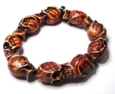 GOTHIC SKULL PLASTIC CARVED BEADS STRETCH BRACELET 8"