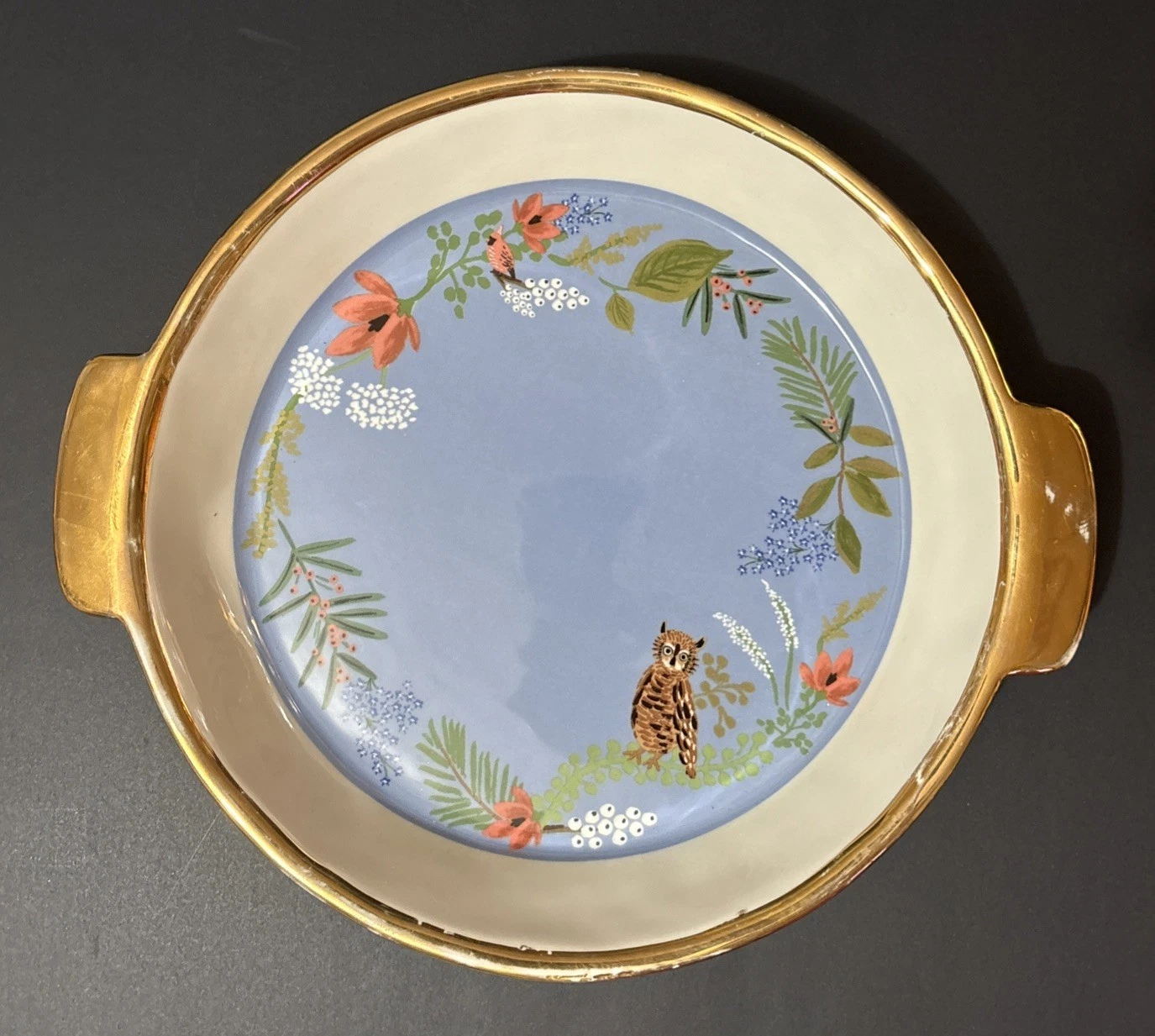 Anthropologie Rifle Paper Co Blue Floral Woodland Bunny Owl Cardinal Pie Dish