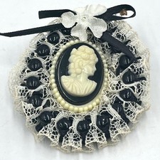 Victorian Style Cameo Brooch Pin Black & White Lace Ribbon Bead Detail Gold Box