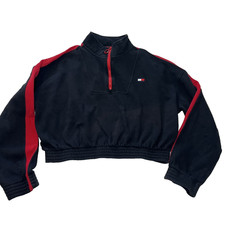 Tommy Hilfiger Womens Crop Sweatshirt Sport Quarter Zip Black Red M