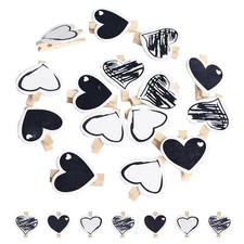 Mini Wooden Photo Clips Heart Shape Craft Clothespins Black And White 50 PCS