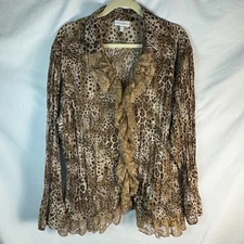 Fashion Bug Lace Ruffle Cheetah Sheer Button Up Top 22/24W Dressy Party Blouse