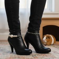 Women 2PC Silver Boot Chain Bracelet Pearl Beads Bling Charm Shoe Anklet Jewelry