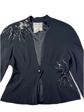 Daymor Couture Beaded Blazer Black Sequin Hong Kong 12 Deep V One Button 80s 90s