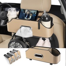 Car Back Seat Organizer 2 Drink Cup Holder Tissue Box Storage Hook Beige