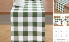 Linen Checkered Table Runner 108 Inches Long - 14 x 108 Inch Olive White