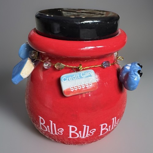 Barattolo/Piggy Bank in ceramica "Bills Bills Bills" cambio monete con coperchio e charms - Foto 12 di 14