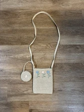 Chateau Woven Bag With Flower Detail and Coin Purse, Beige