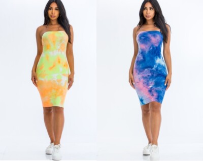 New Stretch Neon Tie dye Bodycon Strap Less Dress 2948