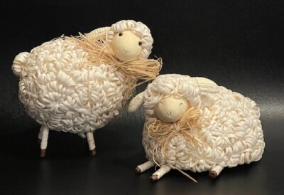Two Primitive Paper Mache Curly Hair Lamb Sheep