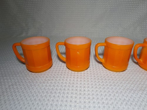 Vintage 1950s Federal Glass Barrel Mug Coffee Cup Orange Milk Glass Set Lot of 6 - Picture 2 of 16