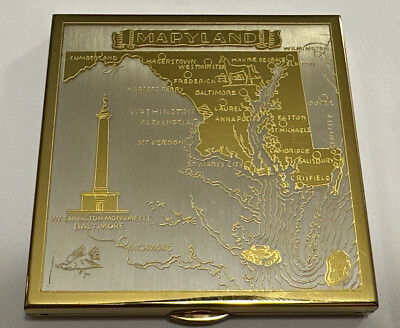 Vintage Wadsworth Maryland State Map Gold Tone Makeup Powder Compact