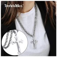 Silver Stainless Steel Cross Pendant Necklace Byzantine Chain Men Jewelry 18-30"