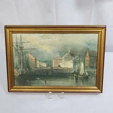 "Faneuil Hall, From the Water" Framed Color Print Transfer Vintage