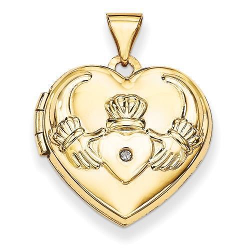 15mmX15mm 14K Yellow Gold Claddagh Diamond Heart Locket W/ Engraving - Picture 1 of 3