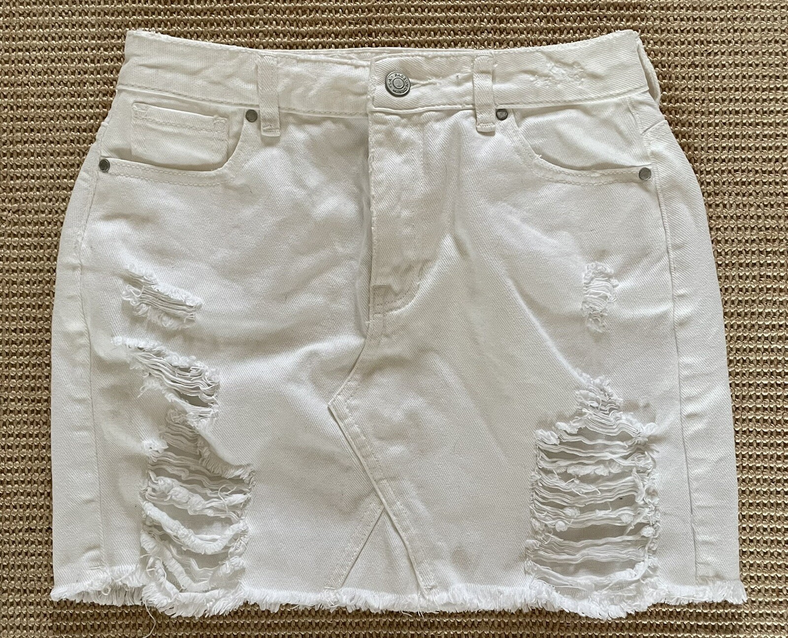 Women's Pacsun White Denim Jean Skirt Distressed Ripped Mini Size 25