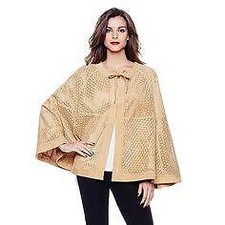 Iman Gorgeous Camel Cape Overcoat Poncho Suede Lazercut Front Tie Xl/1x Euc
