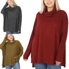 1X 2X 3X Women's Cowl Turtle Neck Brushed Thermal Waffle Knit Warm Top Sweater