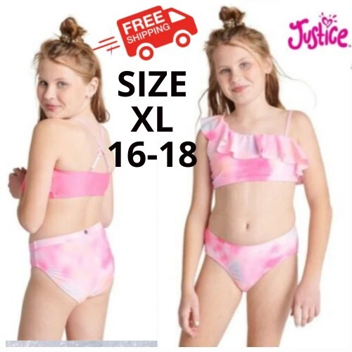 Justice Girls 2 Piece Sz XL 16-18 Ruffle Shoulder Tie Dye Bikini Swimsuit, PINK - Picture 2 of 11