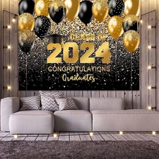 Class of 2024 Graduation Banner Black Gold Congrats Grad Backdrop