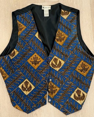 Vintage ANA MORI Geometric Pattern Button Short Vest Blue Gold All Size Women