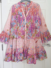 WOMEN'S COTTON PINK MIX BEADED BOHO BOHEMIAN SHELLS SEA LIFE DRESS Free Size 16