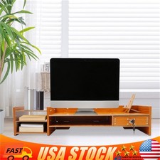 Wood Computer Monitor Stand W/Drawers Office Desktop Storage PC Holder Stand