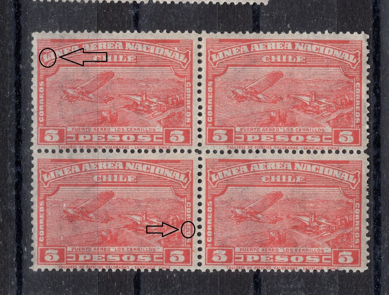 CHILE 1931 airmail 5 pesos Sc.C29 block of 4 ERROR VARIETY L10