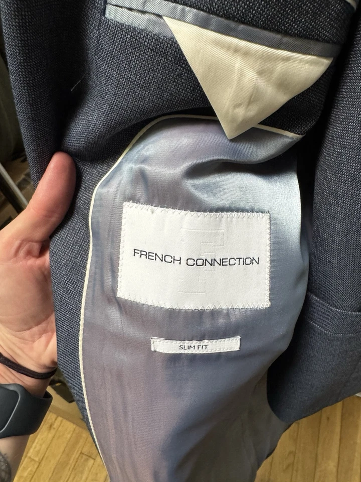 Traje de 3 piezas para hombre French Connection calce ajustado poliéster lana azul gris Foto 3 de 4