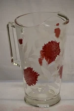 MID CENTURY MODERN GLASS RED & WHITE FLORAL MOTIF DRINK PITCHER MCM