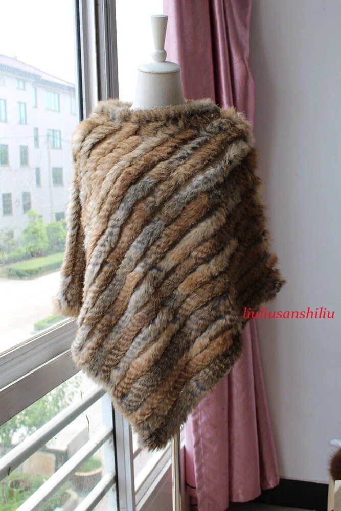 Lady Real Rabbit Fur Poncho Women Fashion Knitted Shawl Natural Fur Top Pullover