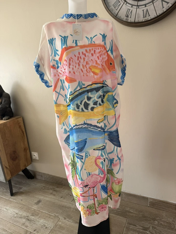 Robe chemise oversize Made in Italy lin & coton flamants roses tendance - Photo 2/2