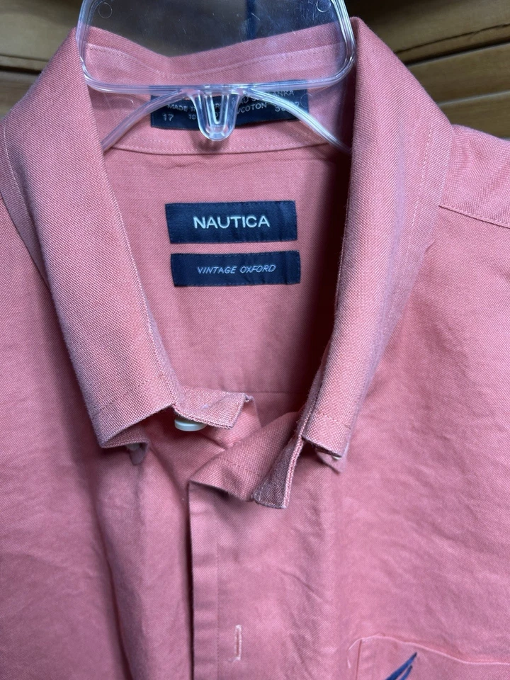 Nautica Men’s Dress Shirt Long Sleeve Button Up  Red Solid Size 17 36/37 Cotton - Image 2 of 3