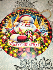 Merry Christmas Santa Wreath Wood Hanging, Festive Round Window/Wall decor 8" w.