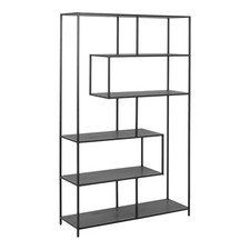 Large Black Metal Asymmetrical Bookcase Oak Shelves Modern Industrial Unit