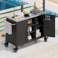 55.5" Outdoor Kitchen Island w/Sink, Metal Grill Cart Table for Pizza Prep & BBQ