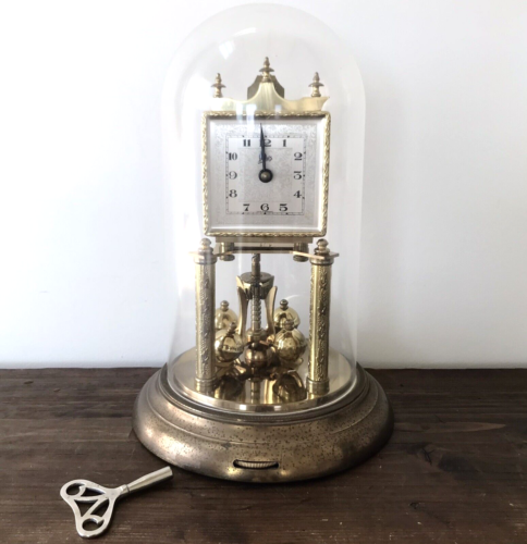 Rare SCHATZ & SOHNE Germany BRASS Square Face CLOCK with CLEAR DOME & KEY Great - Afbeelding 1 van 9