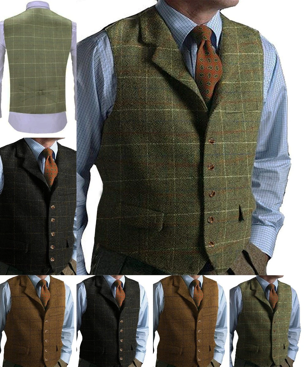 Hunting Men Windowpane Vest Plaid Tweed Waistcoats Wedding Retro Wool Groomsman