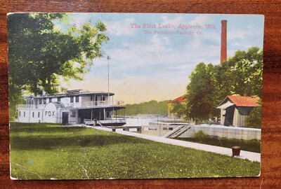 Postkarte First Locks, Appleton, USA. Fox Raddampfer. Pettibone-Peabody Co