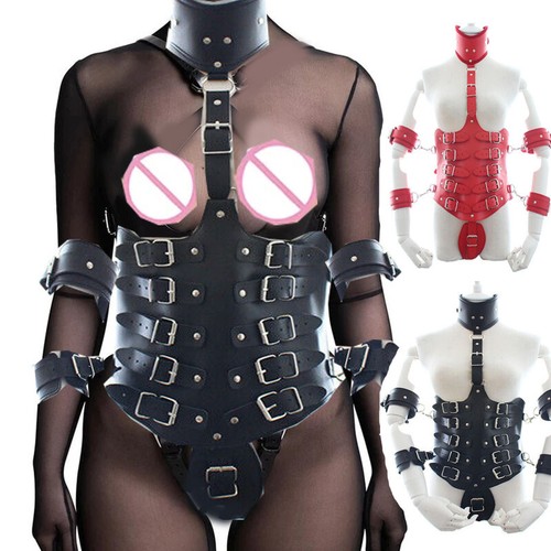 Unisex Leather Corset Neck Collar Waist Cuffs Harness Bondage Clamp Restraint - Picture 1 of 41