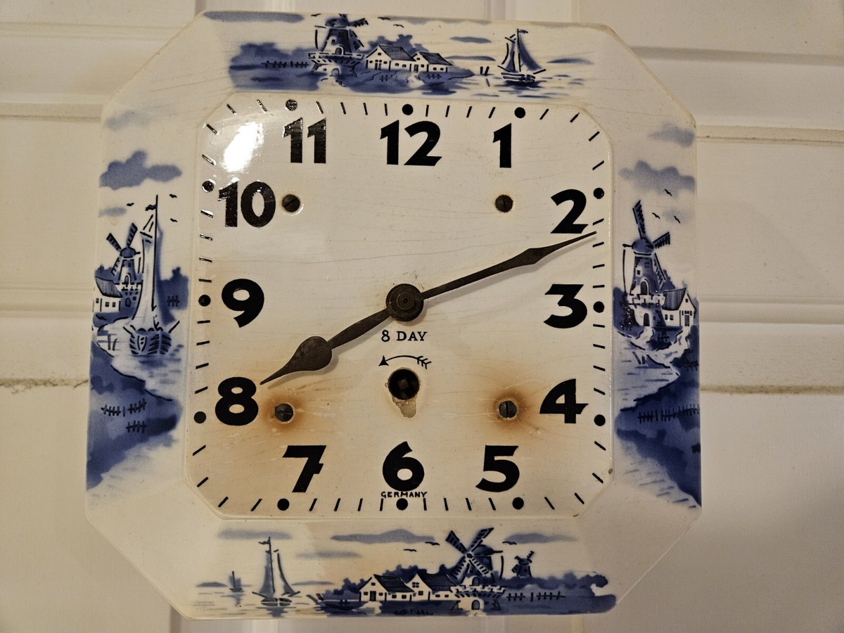 Antique German 8 Day Delft Porcelain Dutch Theme Kitchen Wall