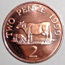 1999 Guernsey Coin 2 pence Milk Cow Farm Animal Wildlife