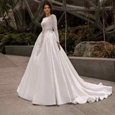 Elegant Satin Wedding Dresses Applique Beading A-line Bridal Gowns Train